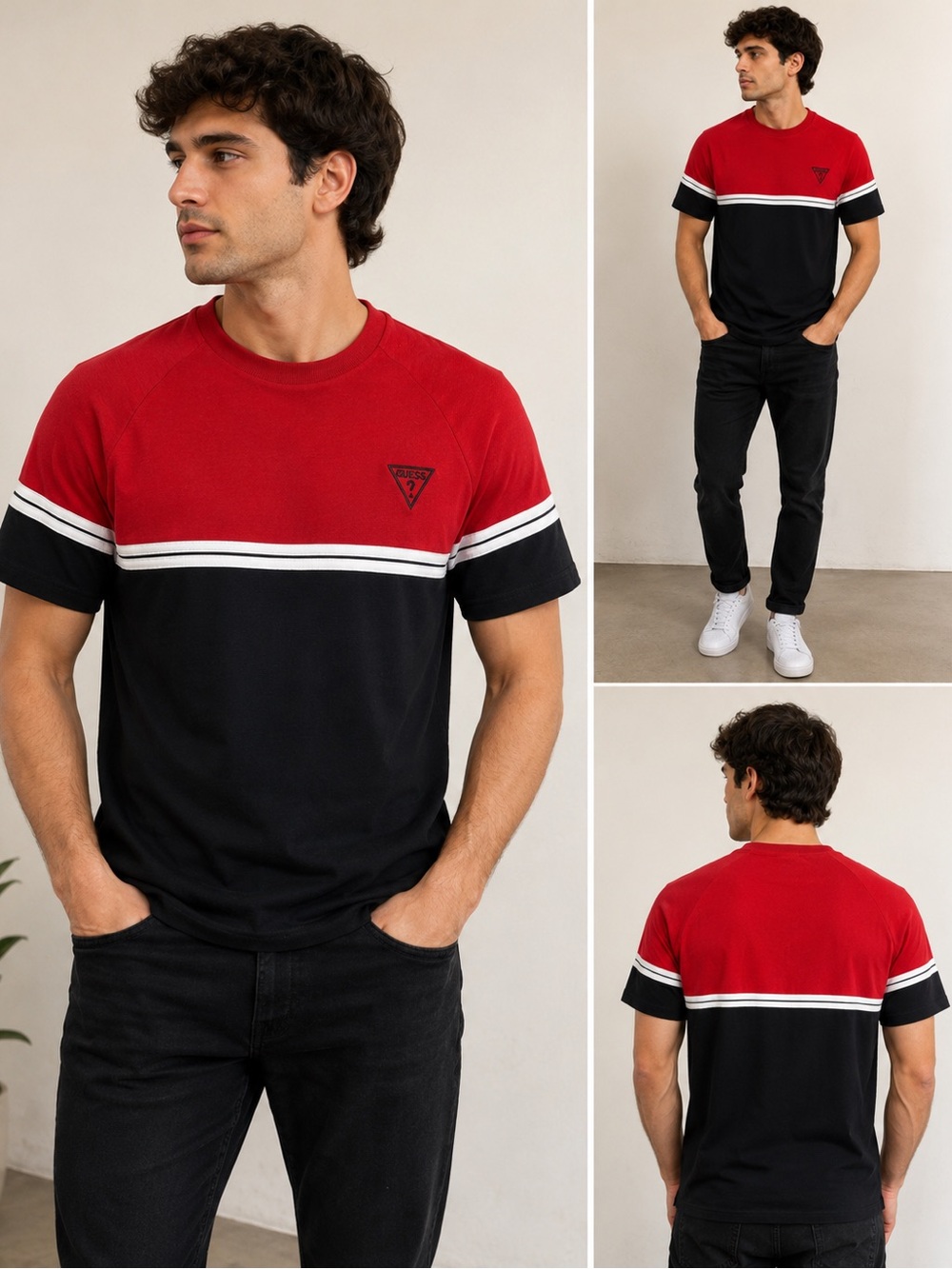 Guess Red and Black Colorblock Short Sleeve Tee Size L